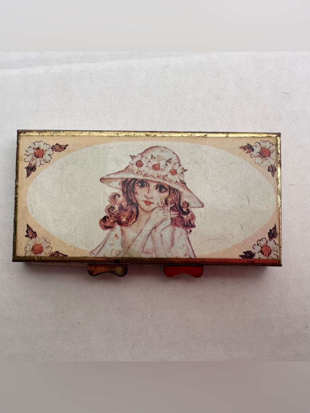 Vintage 1960’s Gold Tone Victorian Lady Lithograph Weekly Pill Box Organizer